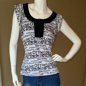 Clientele Graffiti Top Black and White Tie Back 1/4 Front Zipper Wearable Art